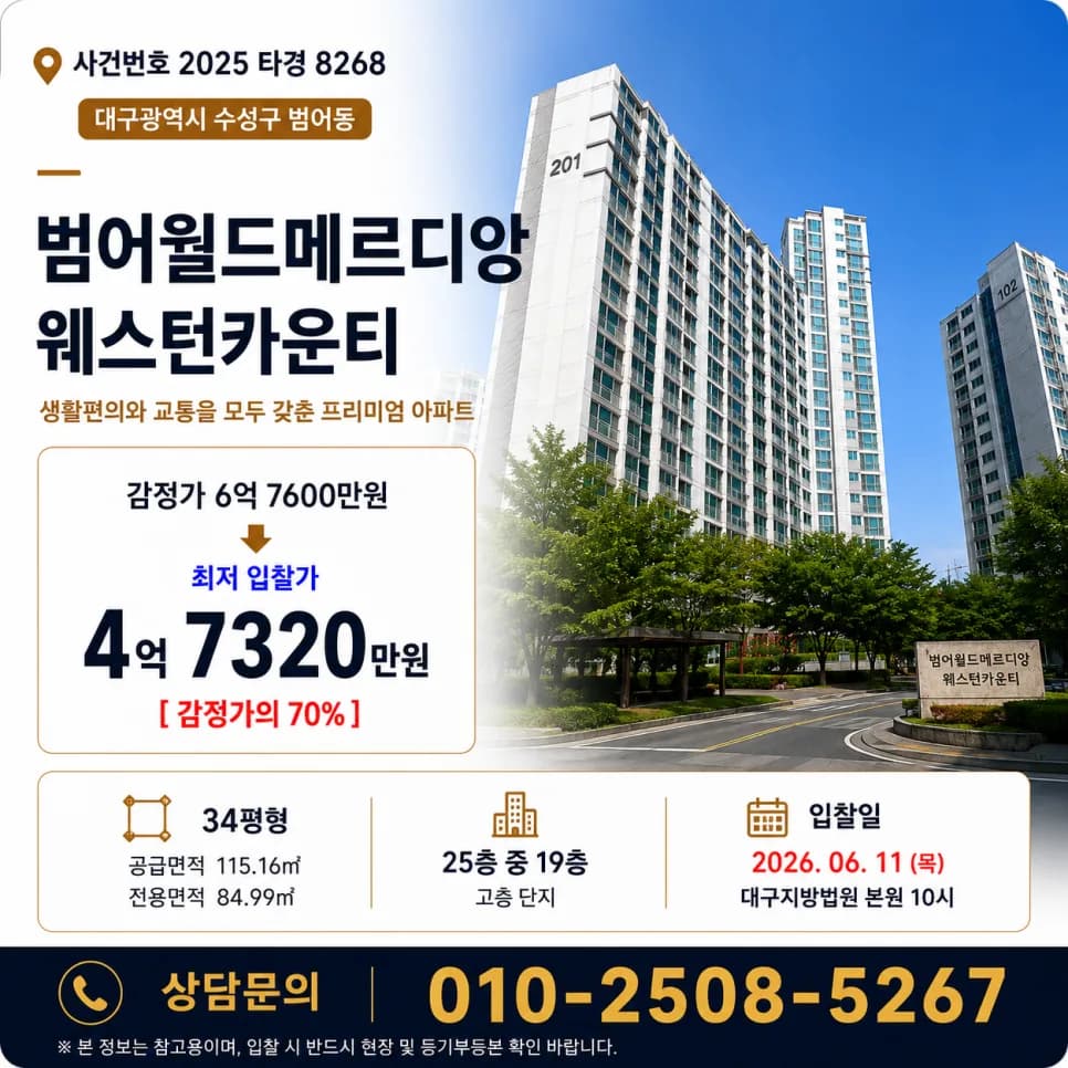 대구 수성구 월드메르디앙 2차 경매, 2026년 6월 9일 최저가 4.7억 분석