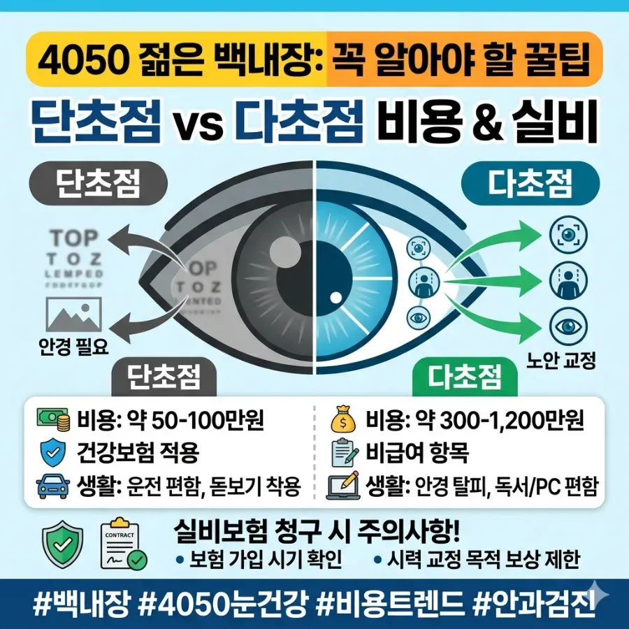 백내장 수술 비용 2026: 단초점 vs 다초점 렌즈 실비보험 청구 완벽 비교