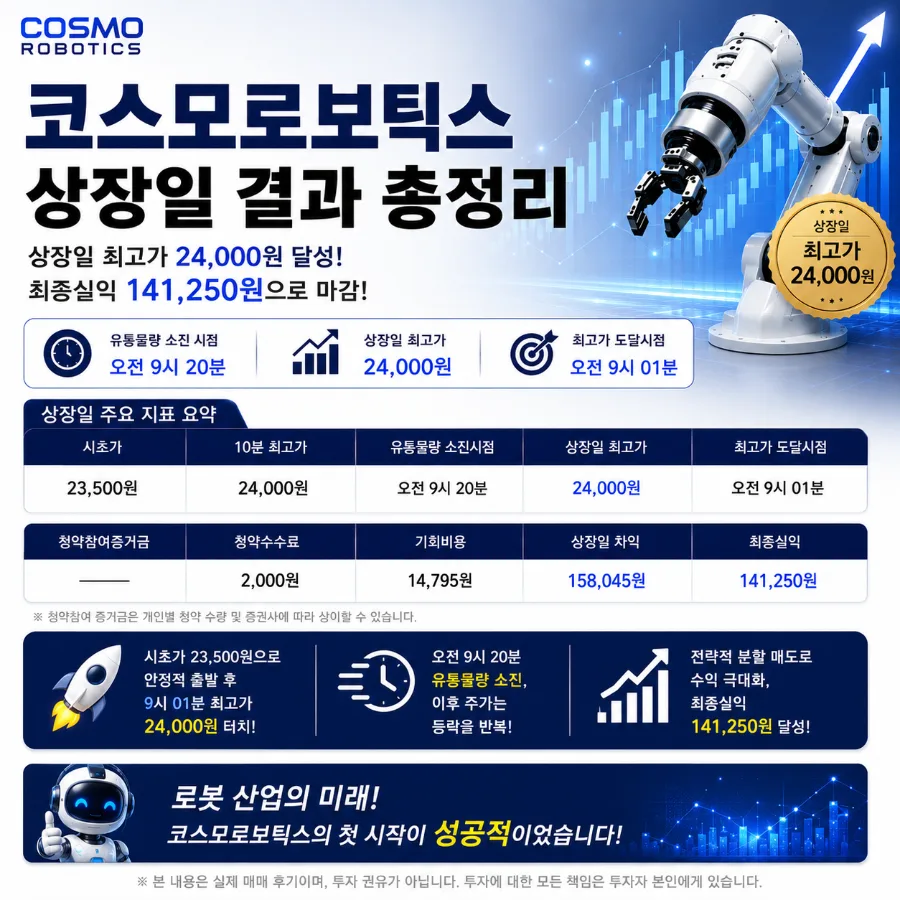 코스모로보틱스 상장일 매도 전략 2026: 최고가 24,000원 달성 후기