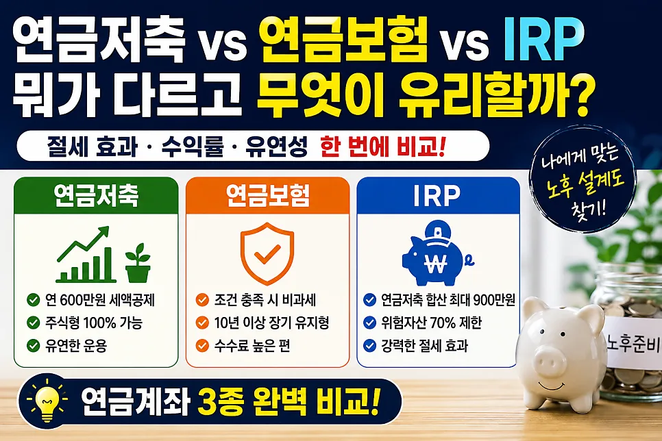 연금저축 vs 연금보험 vs IRP 2026: 절세 혜택 완벽 비교