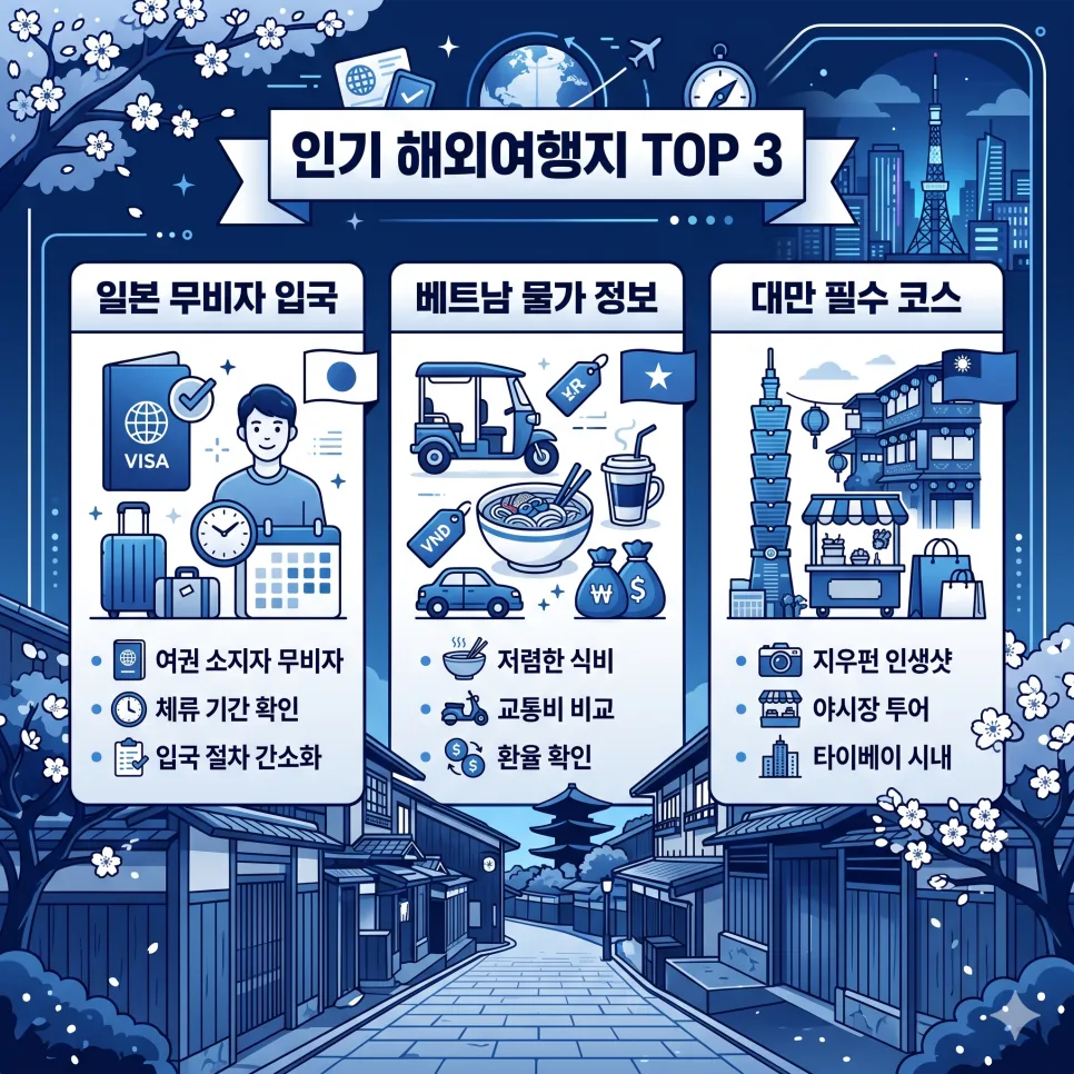 2026년 인기 해외여행지 TOP 3: 일본, 베트남, 대만 경비 및 입국 조건 총정리