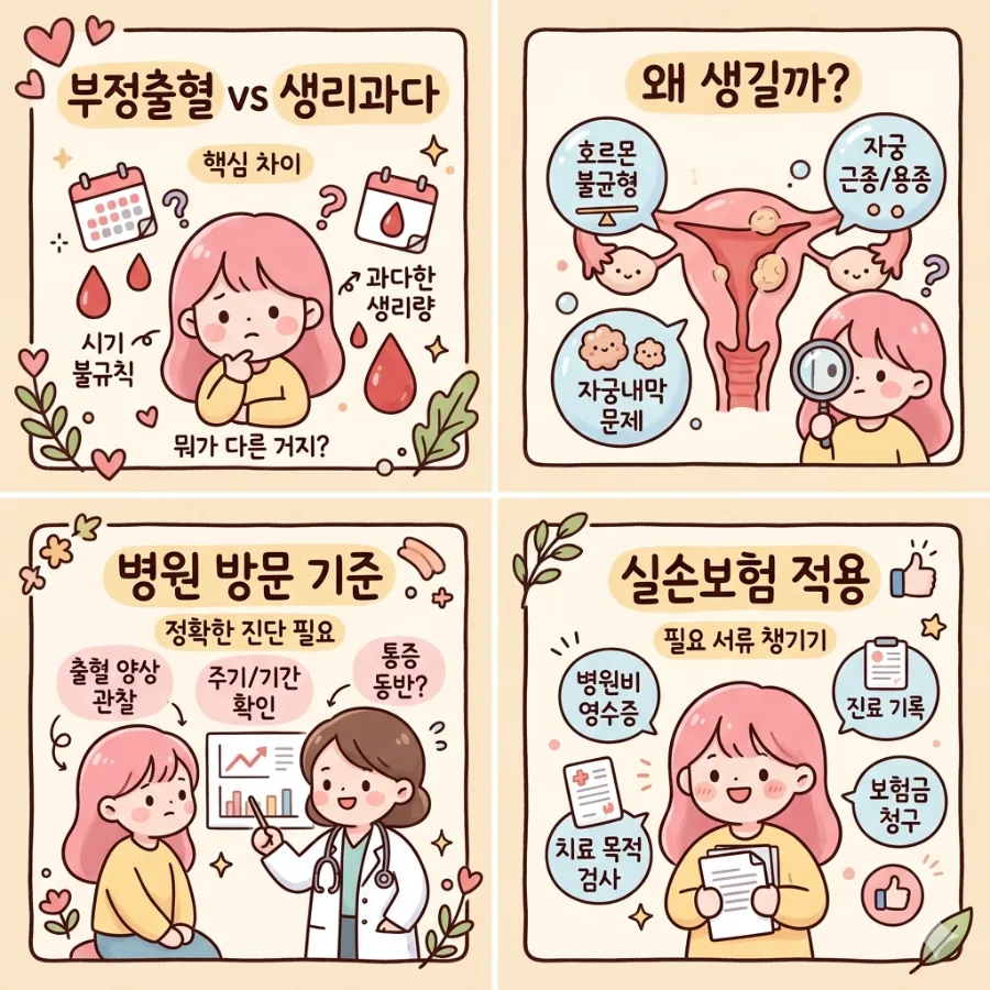 생리과다출혈 vs 부정출혈 차이점 2026: 원인, 질환 신호, 보험까지 총정리
