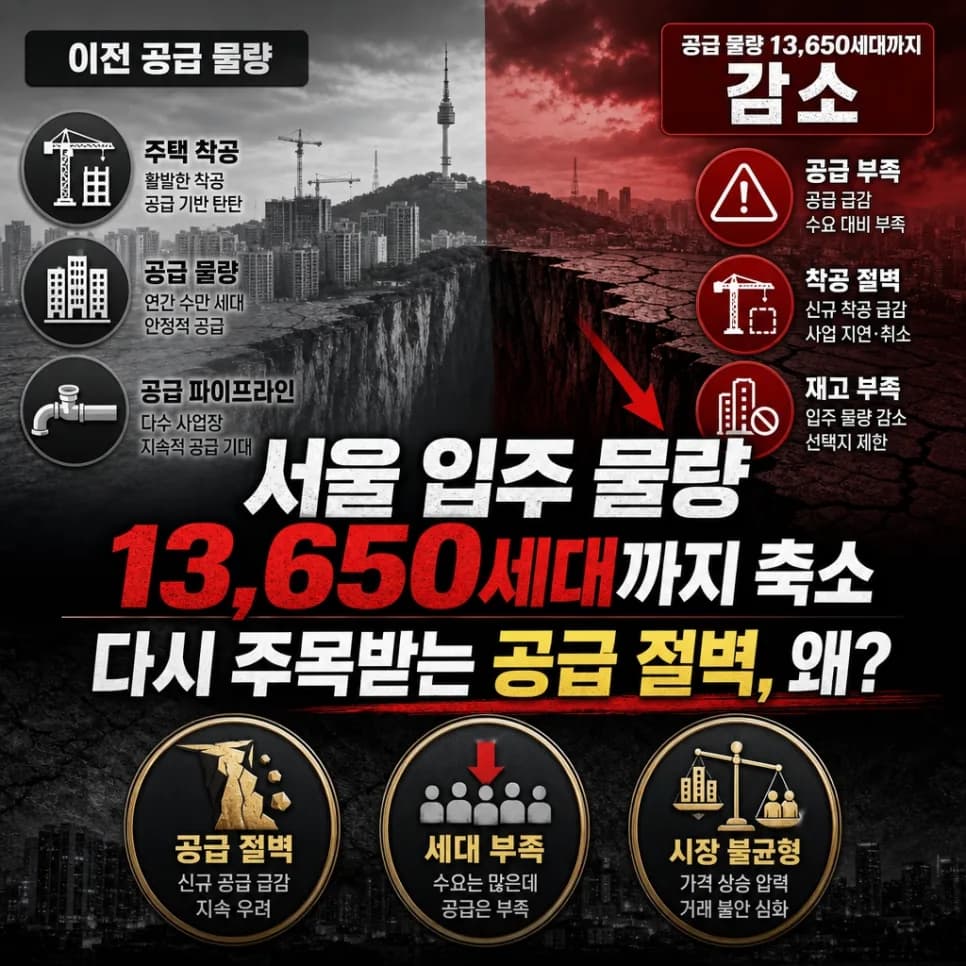 서울 아파트 공급 절벽 2026: 1만 3천 가구 급감 전망