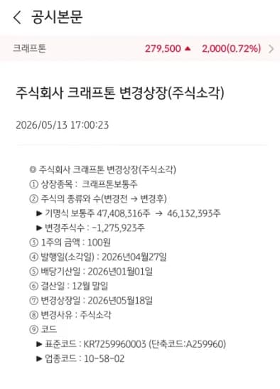 크래프톤 자사주 소각 2026: 127만 주 소각 의미와 변경 상장일