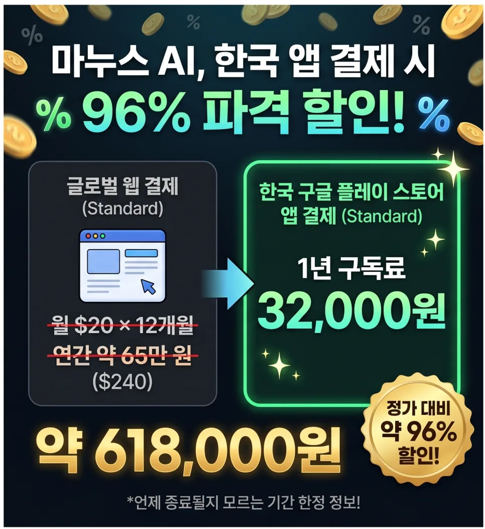 마누스 AI 96% 할인, 2026년 앱 결제 꿀팁 총정리