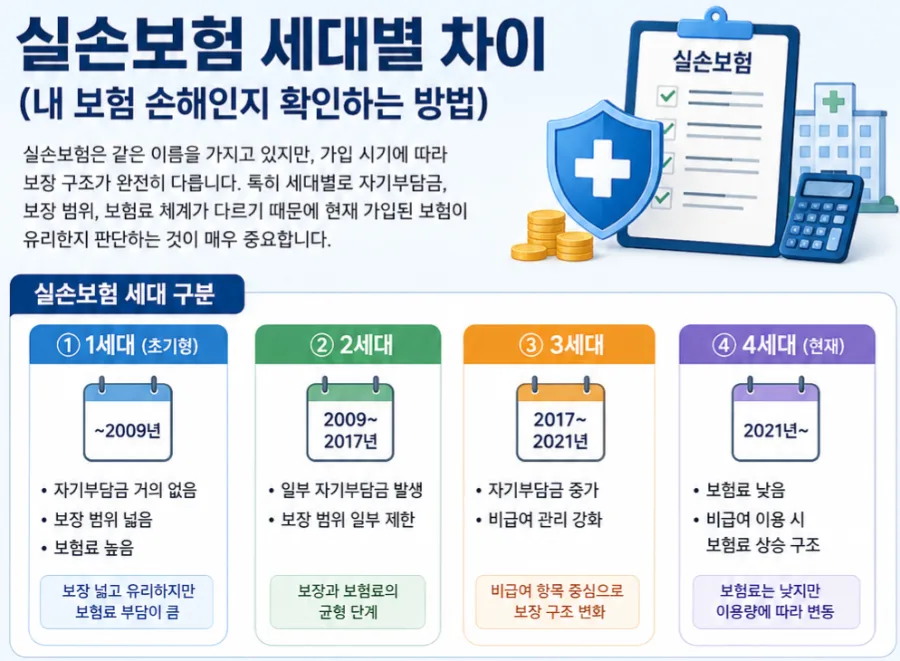 실손보험 세대별 차이점 2026: 내 보험이 손해인지 확인하는 법
